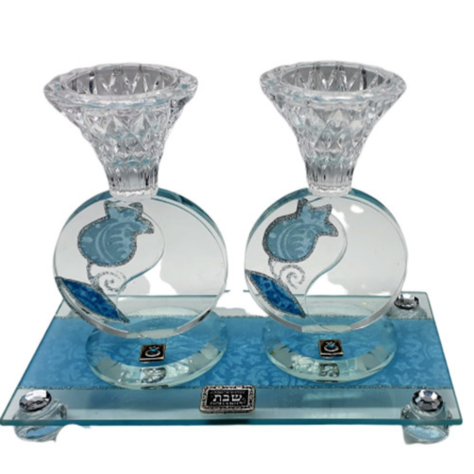 Round Crystal Candlestick Set  - Light Blue - Pomegranate