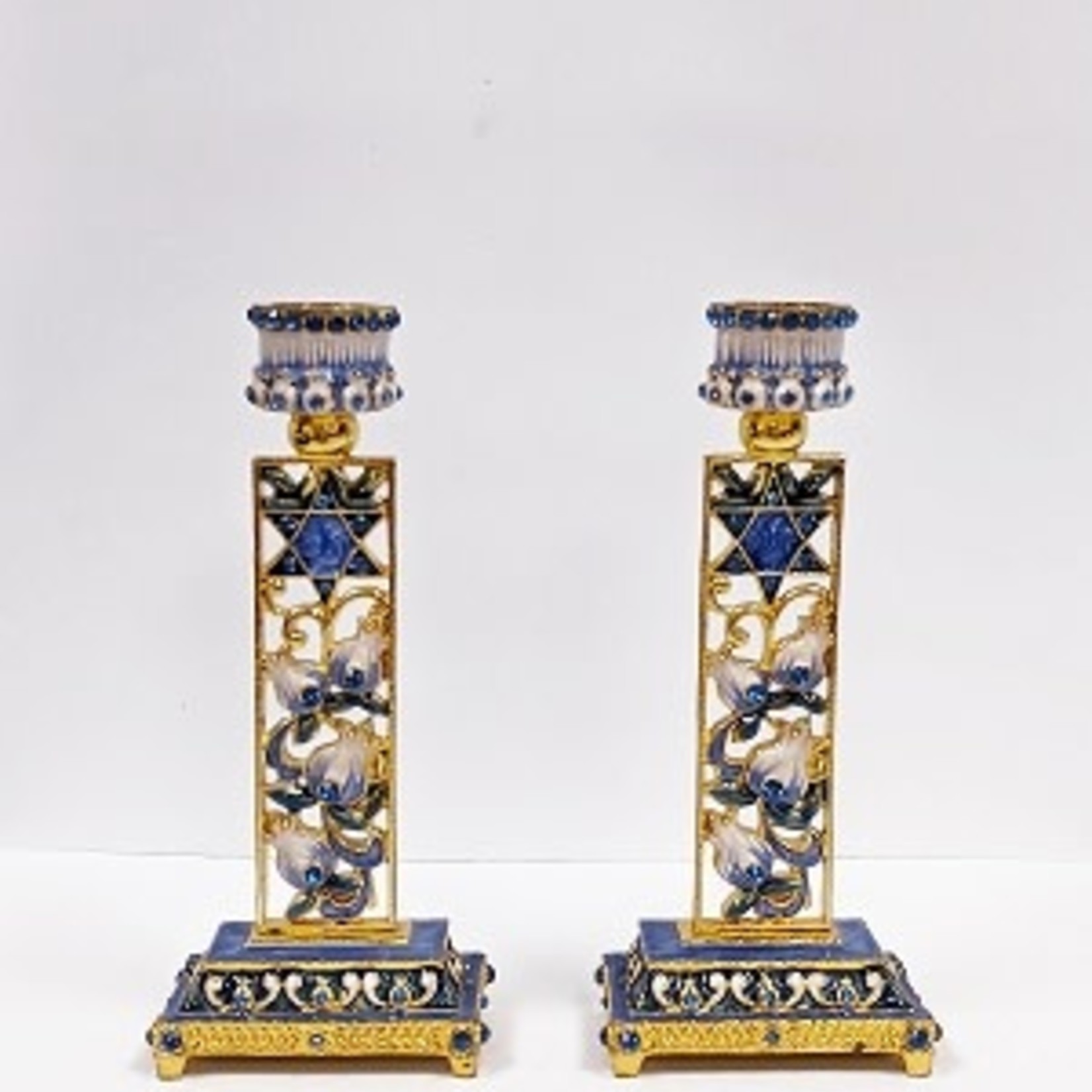 Blue Star of David & Floral Hand Painted Enamel with Crystals Candle Holder