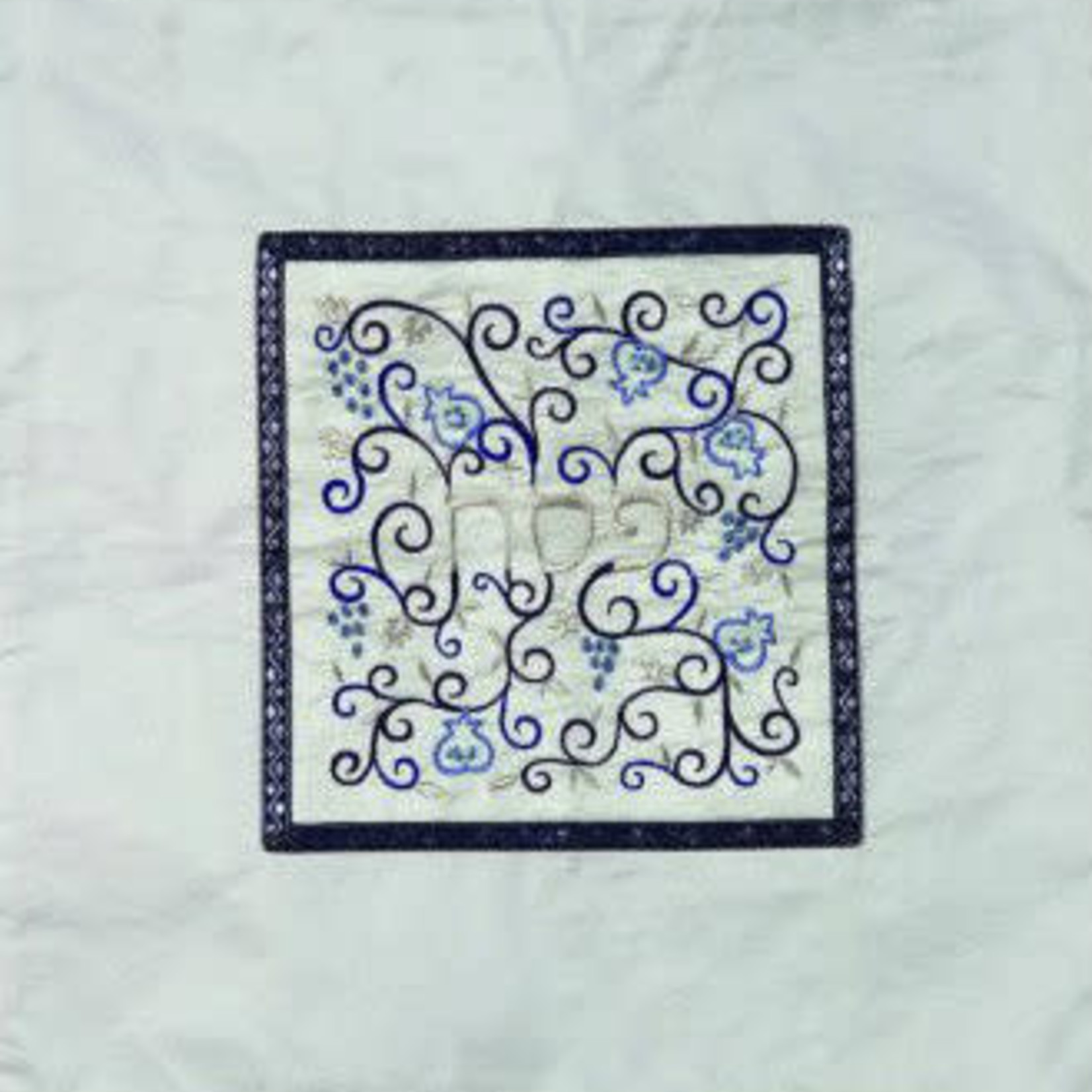 Embroidered Matzah Cover Pomegranates Blue on White