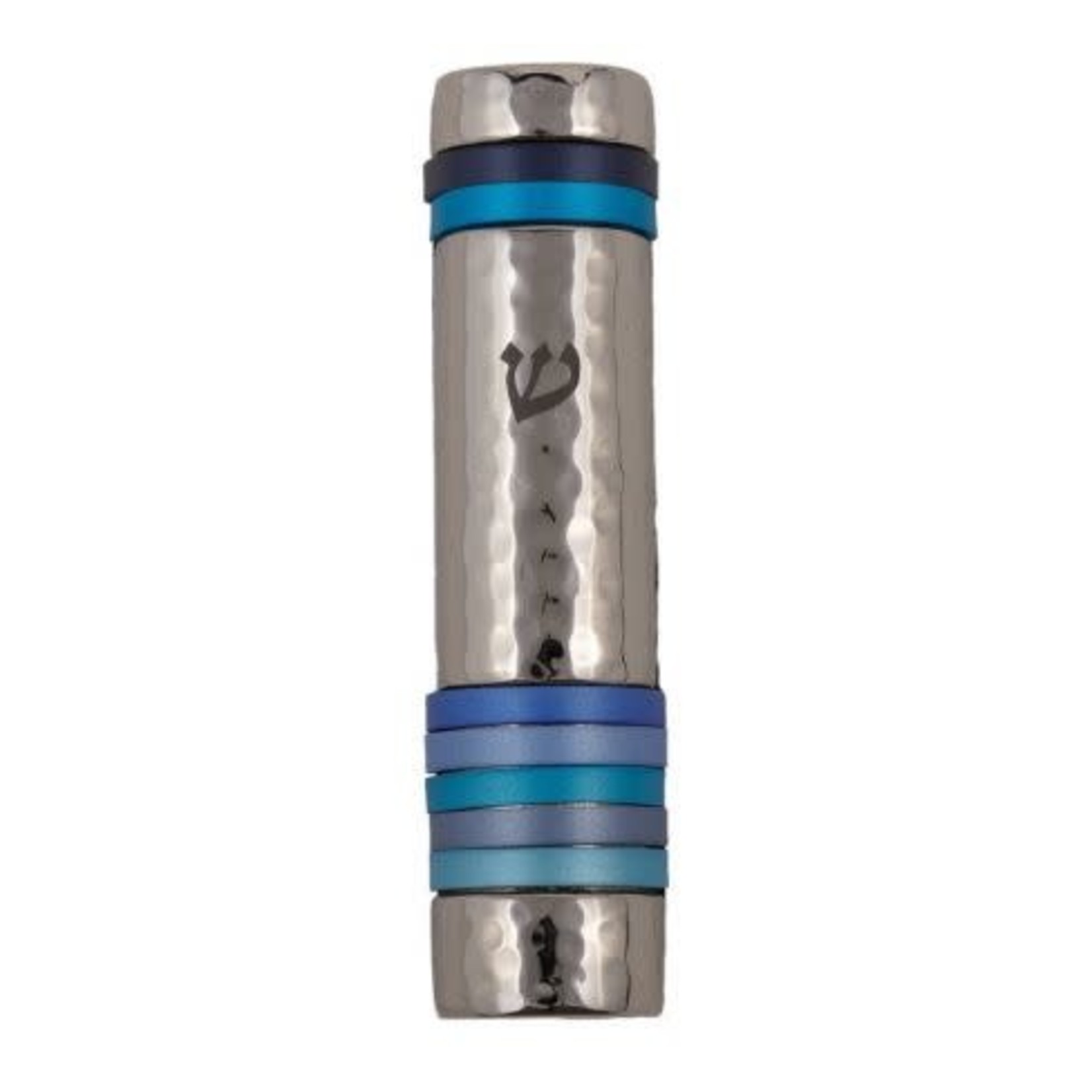Hammered Mezuzah Case w/ Rings-Blue