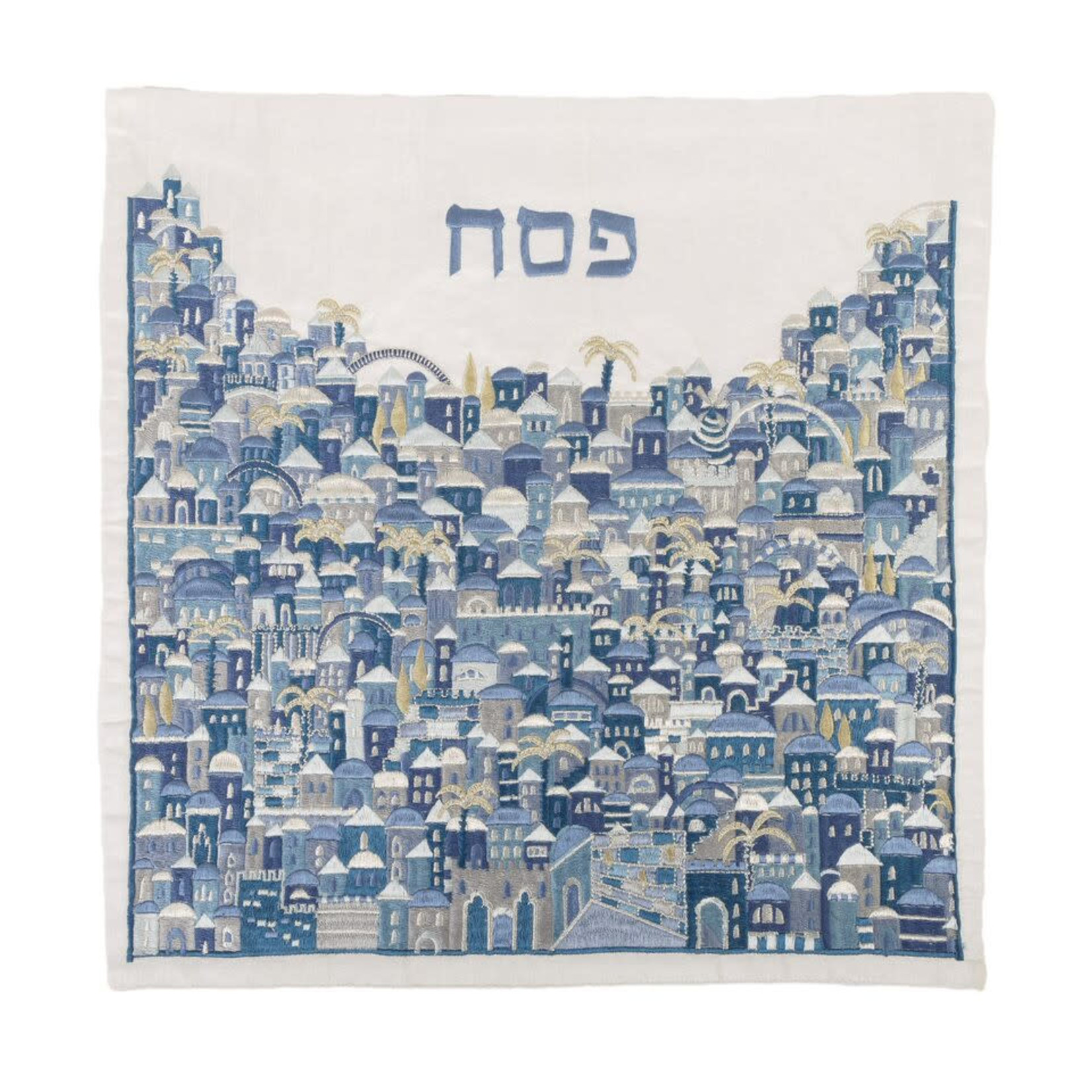 Full Embroidered Matzah Cover - Jerusalem-Blue