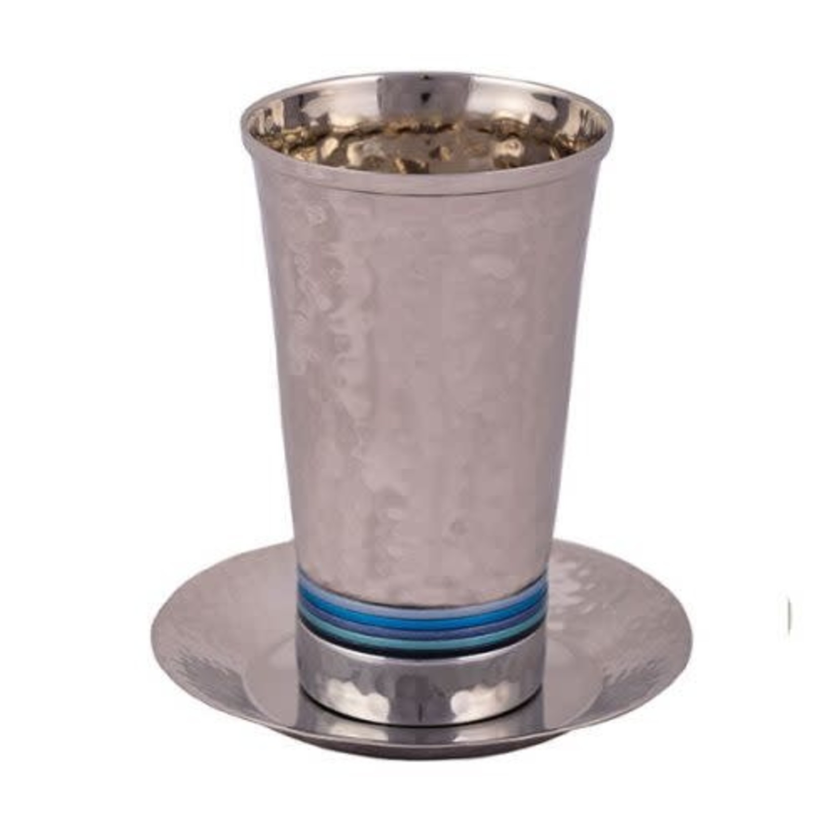 Nickel Kiddush Cup - Hammered- Blue Rings