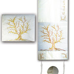 Raw Silk Machine Embroidered Tallit Tree of Life Gold/White