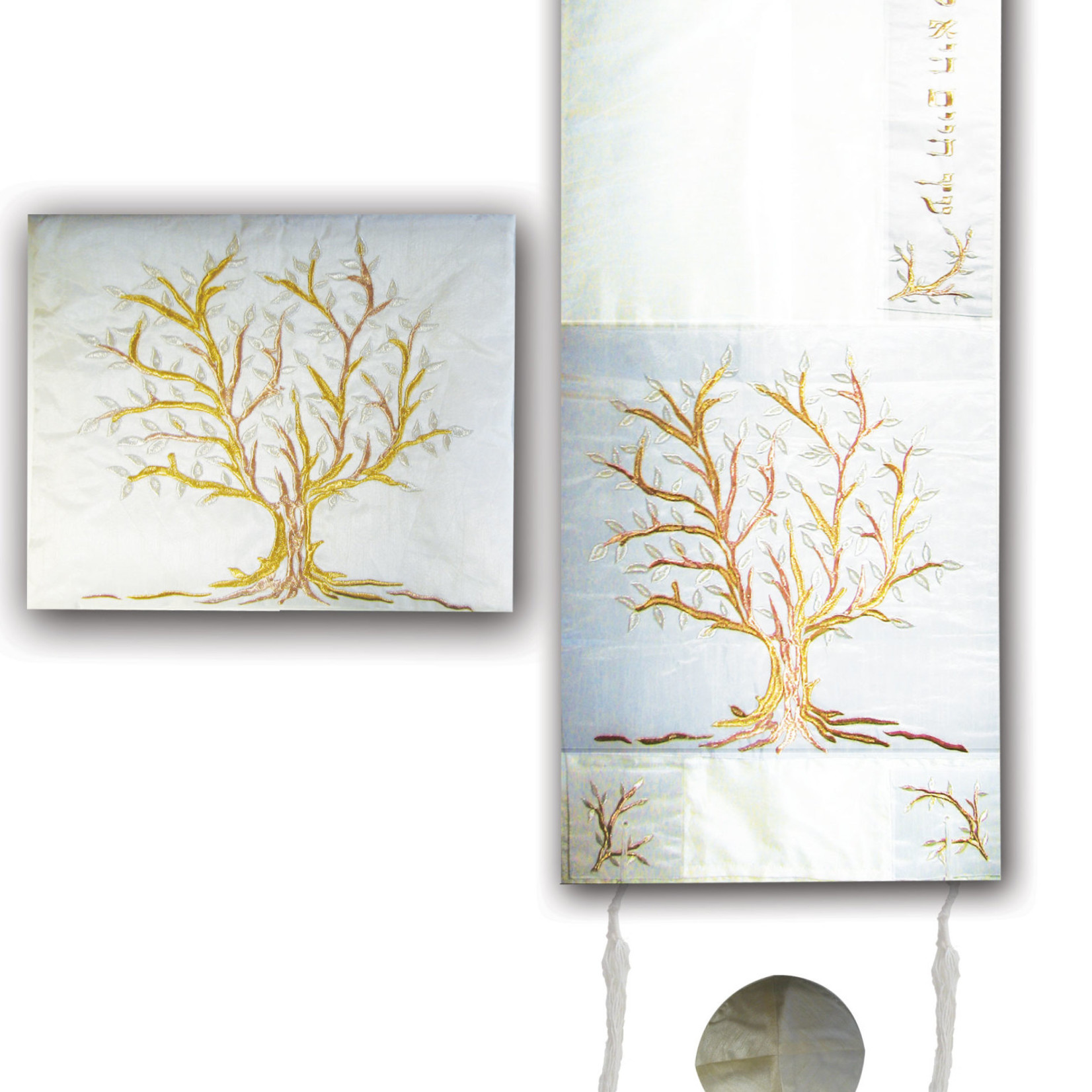 Raw Silk Machine Embroidered Tallit Tree of Life Gold/White