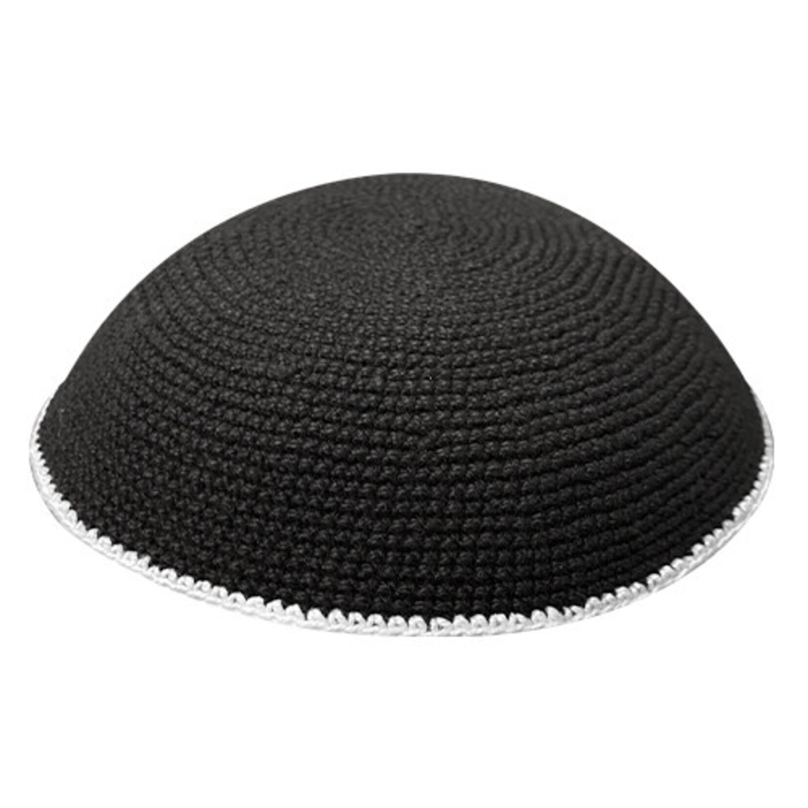 Fine Knit Black Kippah with White Border - 18cm