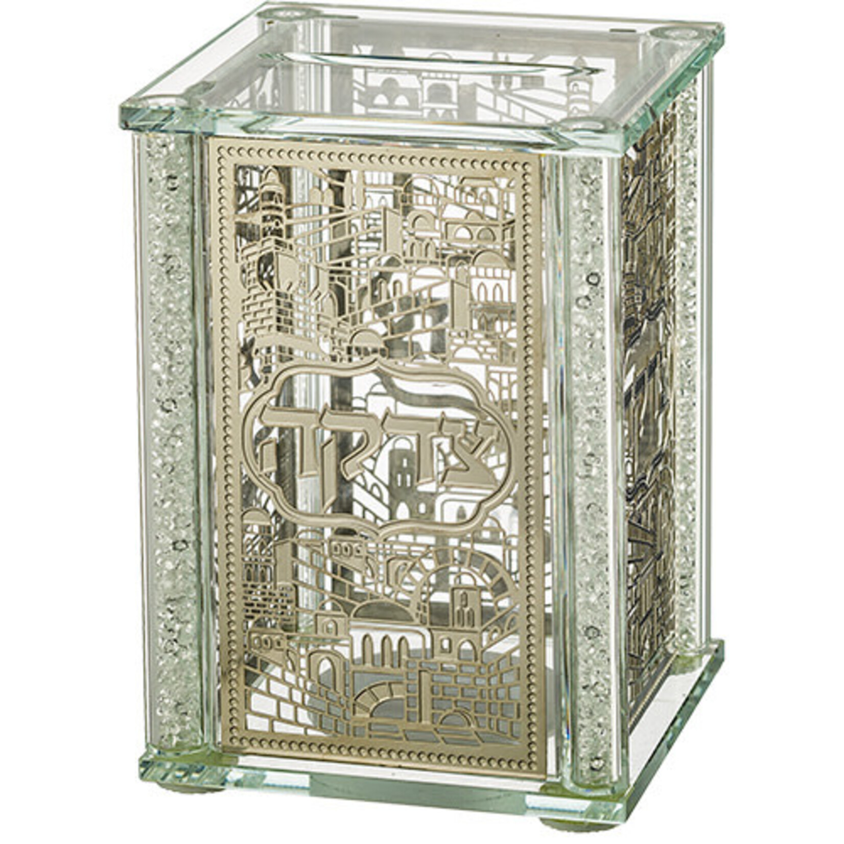 Crystal Tzedakah Box with Silver Plaque-Jerusalem