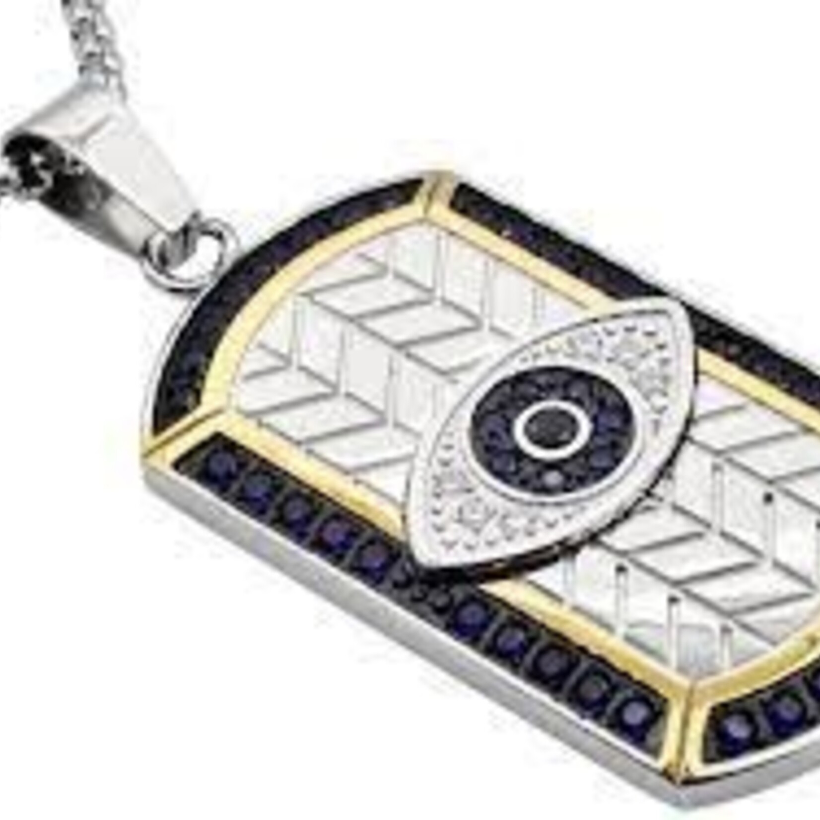 Men's Tri Tone Blue and Gold Stainless Steel Evil Eye Dog Tag Pendant with Blue Cubic Zirconia