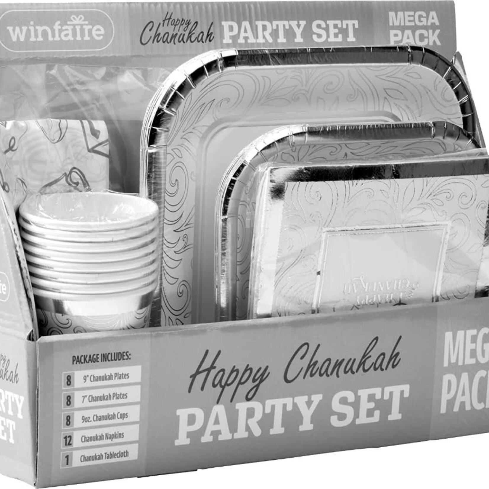 Chanukah Party Set Mega Pack Service for 8 - Silver Design (Cutlery Not Included)