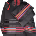 Black Talit With  Detailed Ribbon of Black and Multi-Colored Stripes