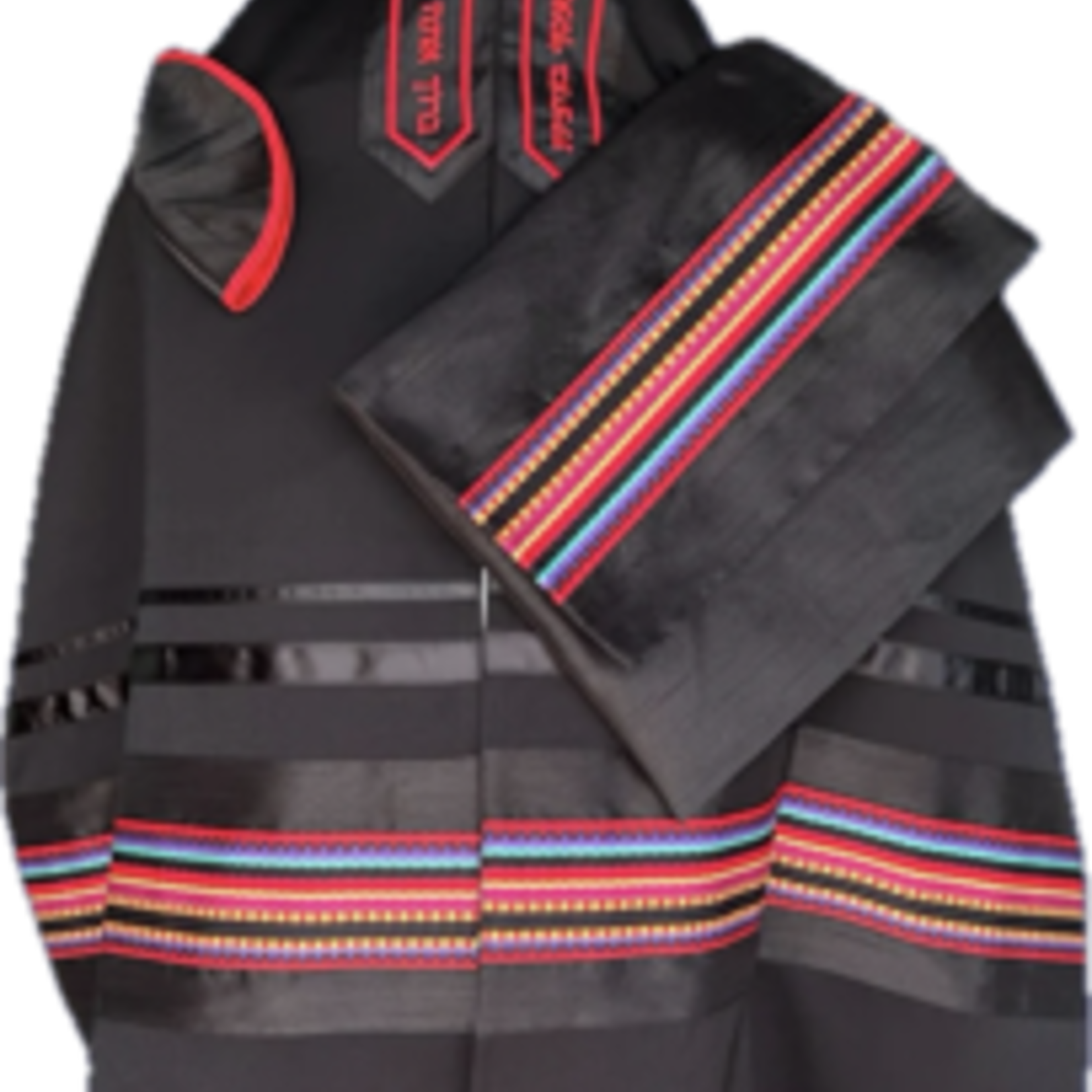 Black Talit With  Detailed Ribbon of Black and Multi-Colored Stripes
