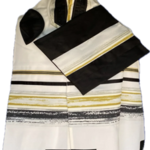 Fine White Cotton Talit with Black and Gold Stripes
