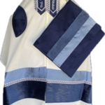 Fine White Cotton Talit with Blue Velvet Ribbon (533)