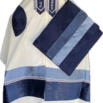 Fine White Cotton Talit with Blue Velvet Ribbon