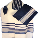 White Fine Cotton Talit With Detailed Ribbon of Blue and Gray