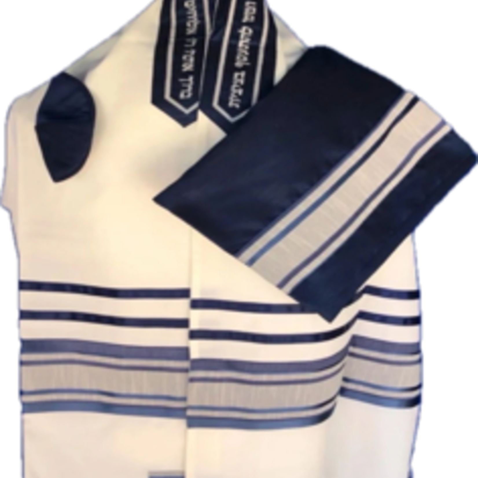 White Fine Cotton Talit With Detailed Ribbon of Blue and Gray