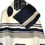 White Talit with Navy Blue and Silver Stripes