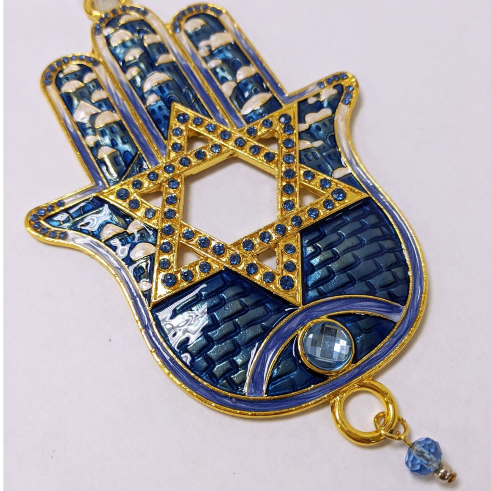 Blue Ornament Hamsa and Star of David Hand Painted Enamel with Crystals