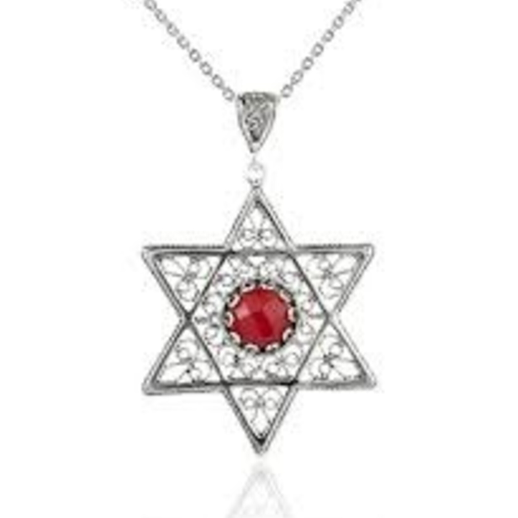 Sterling Silver Filigree Star of David Necklace w/ Coral