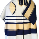Fine White Wool Talit with Blue and Gold Stripes (997)