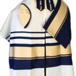 Fine White Wool Talit with Blue and Gold Stripes