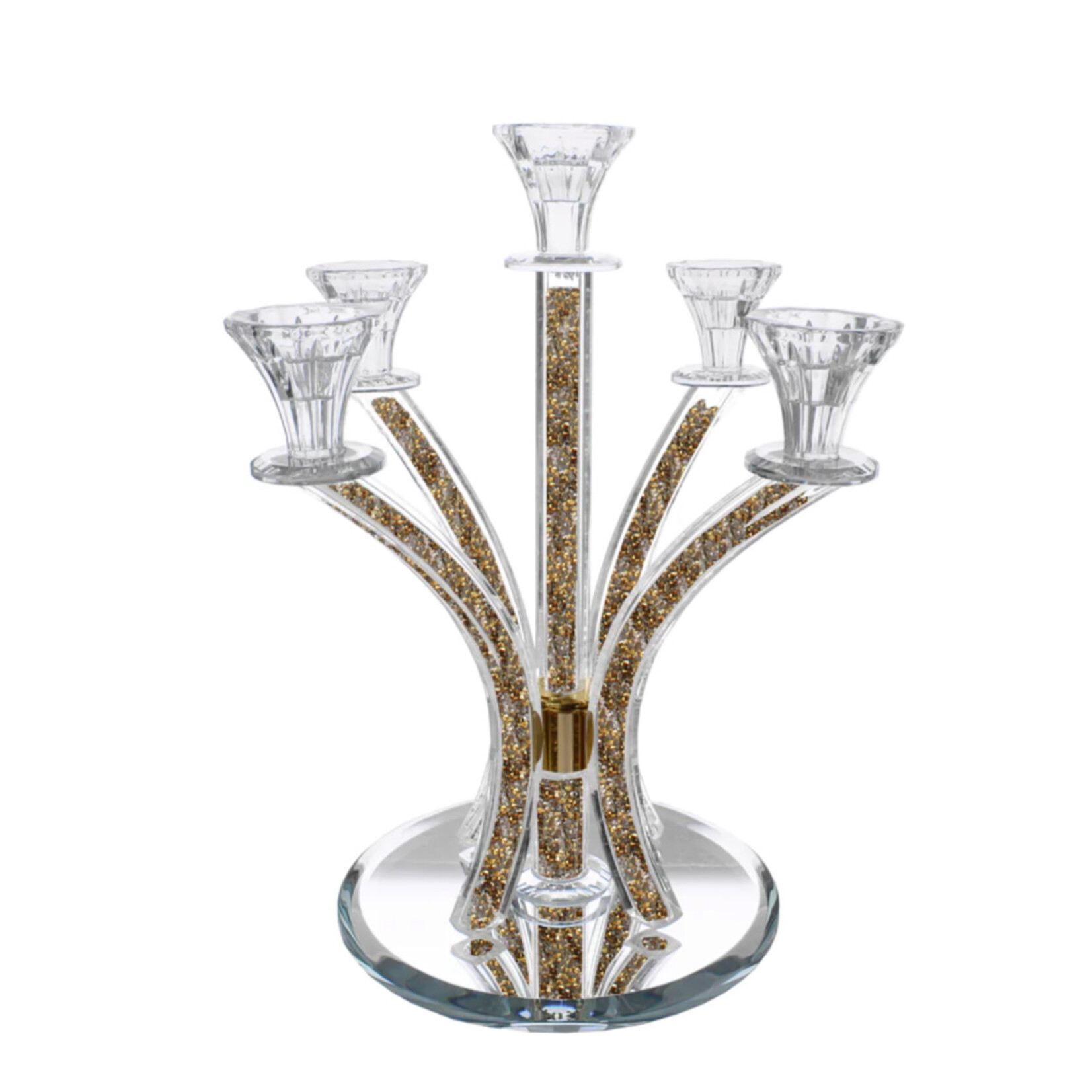 Crystal Candelabra Round Design - 5 Arm with Inner Gemstones - Gold/Silver