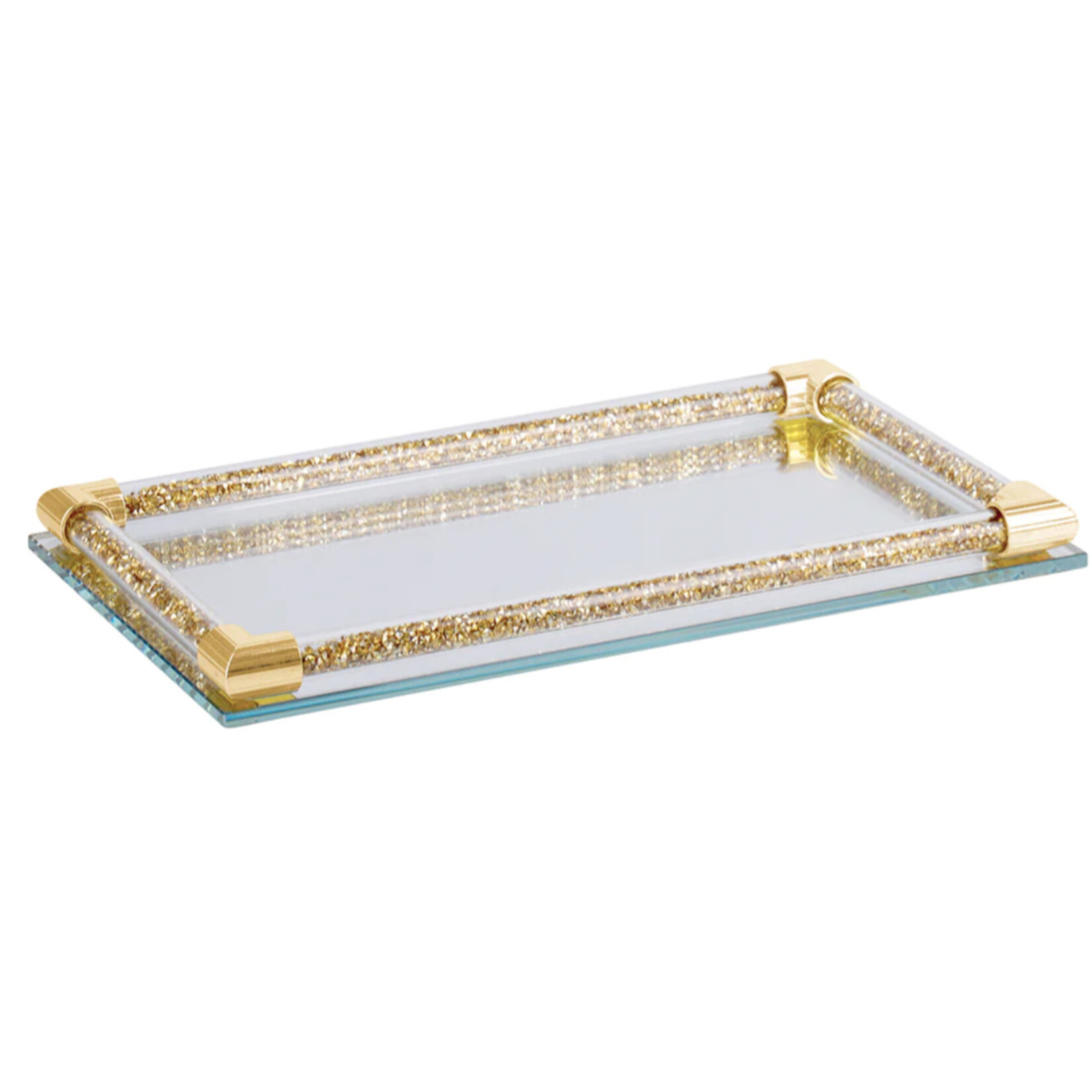 Crystal Mirror Tray with Inner Gemstones - Gold