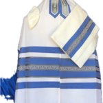 100% Fine White Wool w/ Detailed Ribbon and Light Blue Stripes