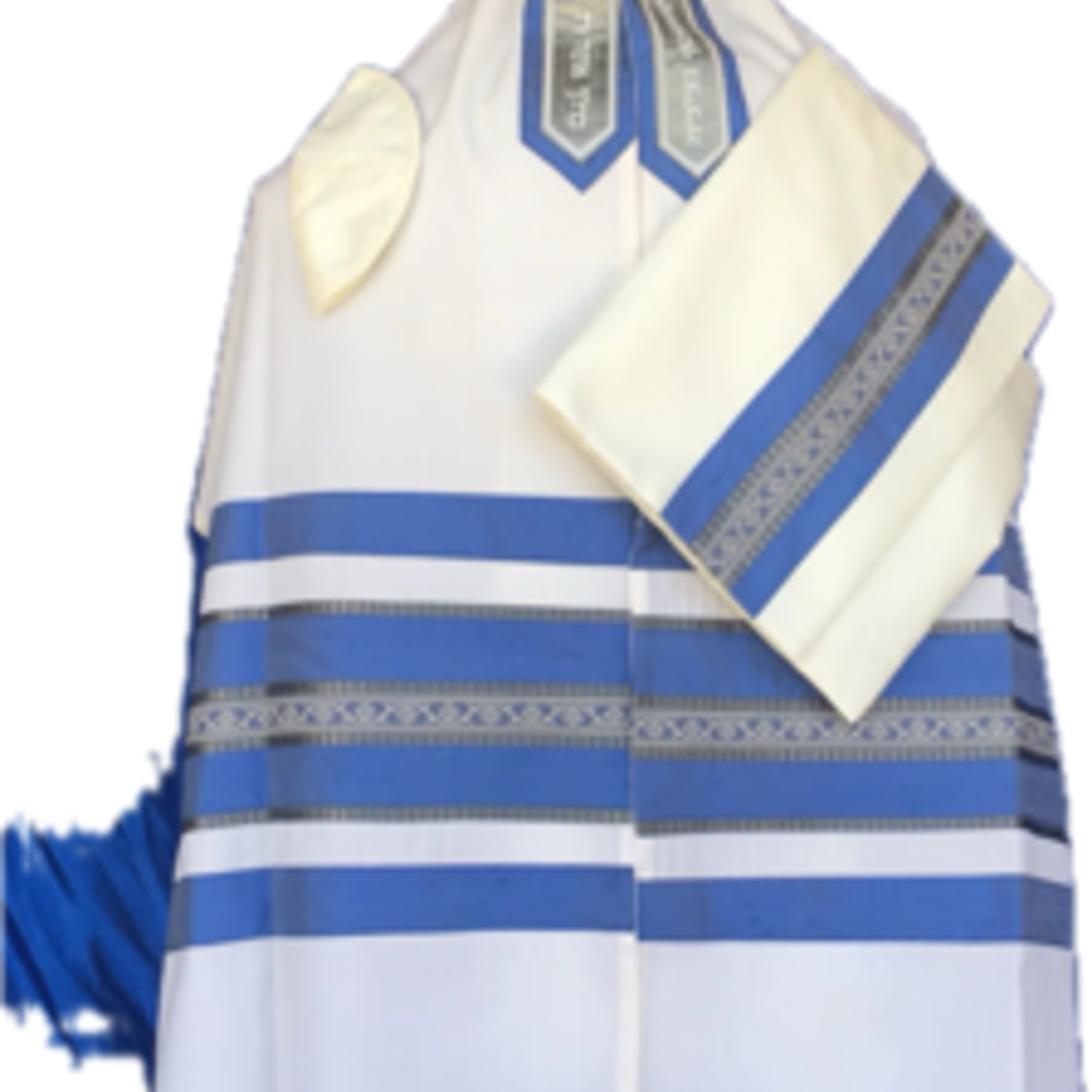 100% Fine White Wool w/ Detailed Ribbon and Light Blue Stripes
