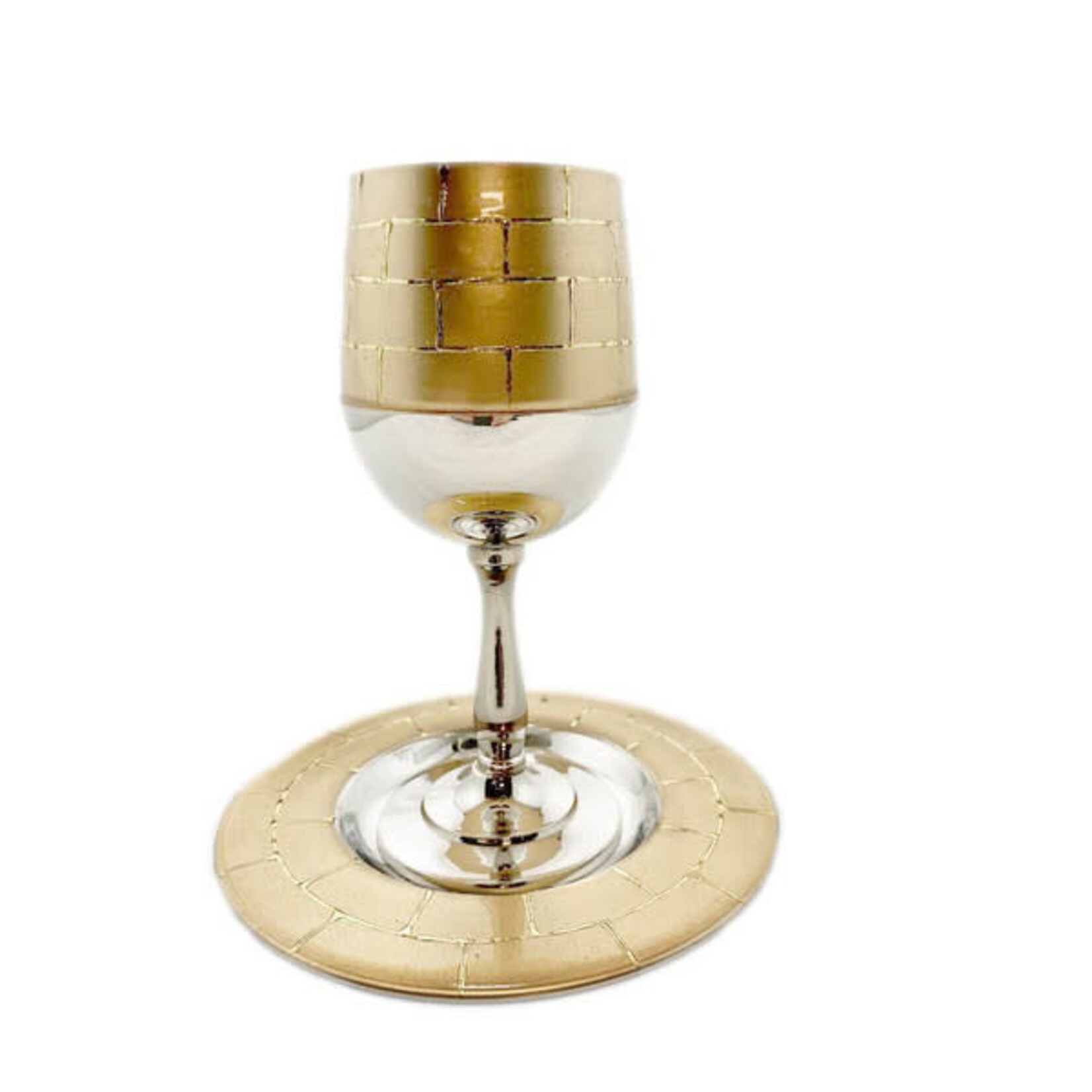 Metal Kiddush Cup on Stem w/Plate-Kotel Design - Gold