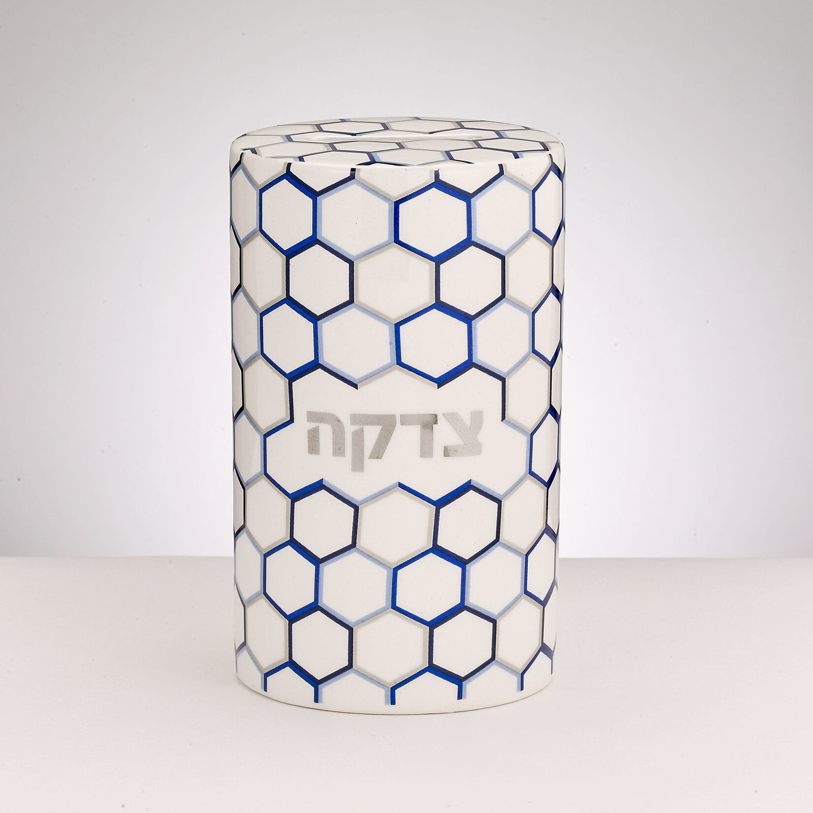 Honeycomb Design Ceramic Tzedakah Box, Silver Accents