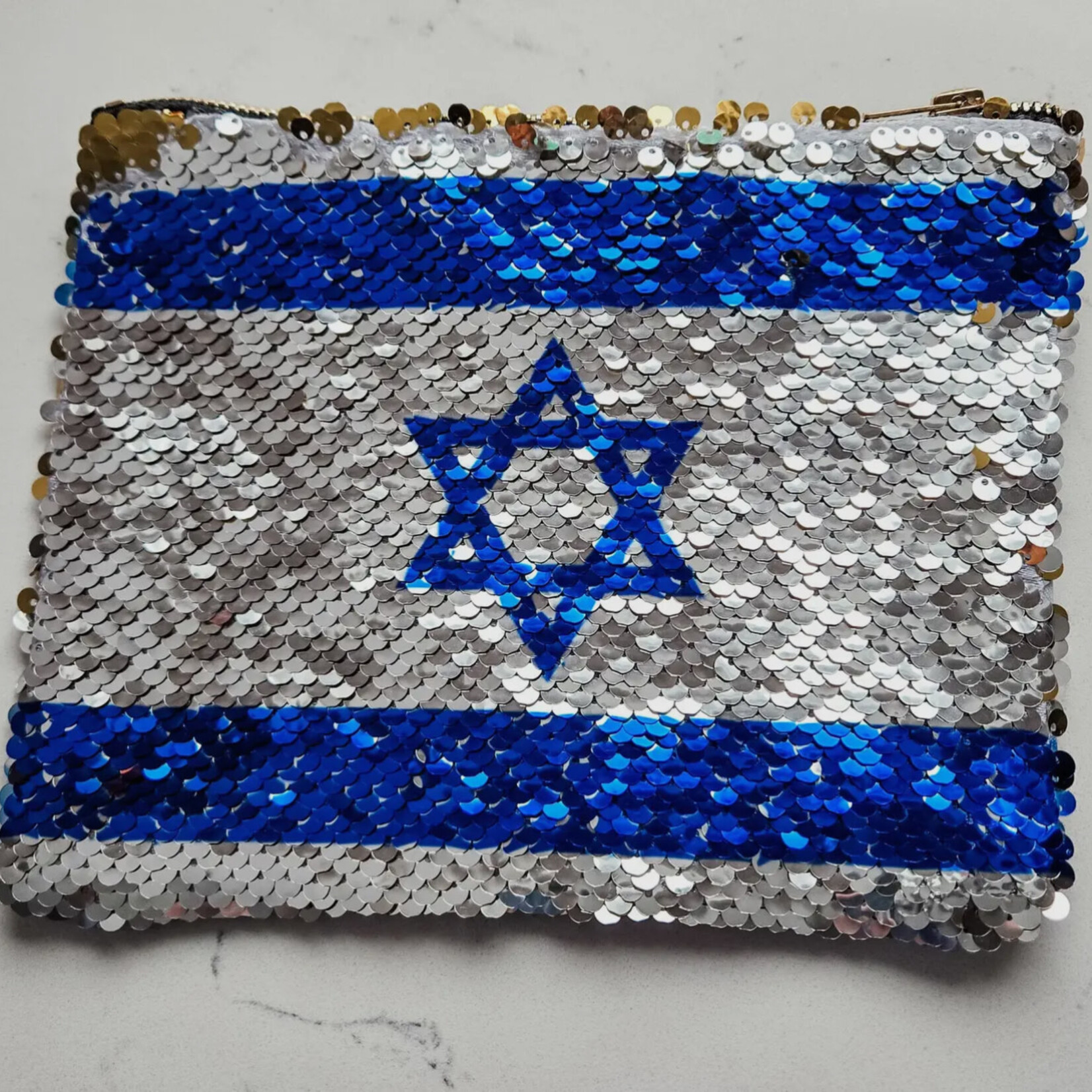 Israeli Flag Sequined Cosmetic Bag