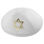 White Ultra Suede Kippah 19 cm with Gold Embroidered Magen David