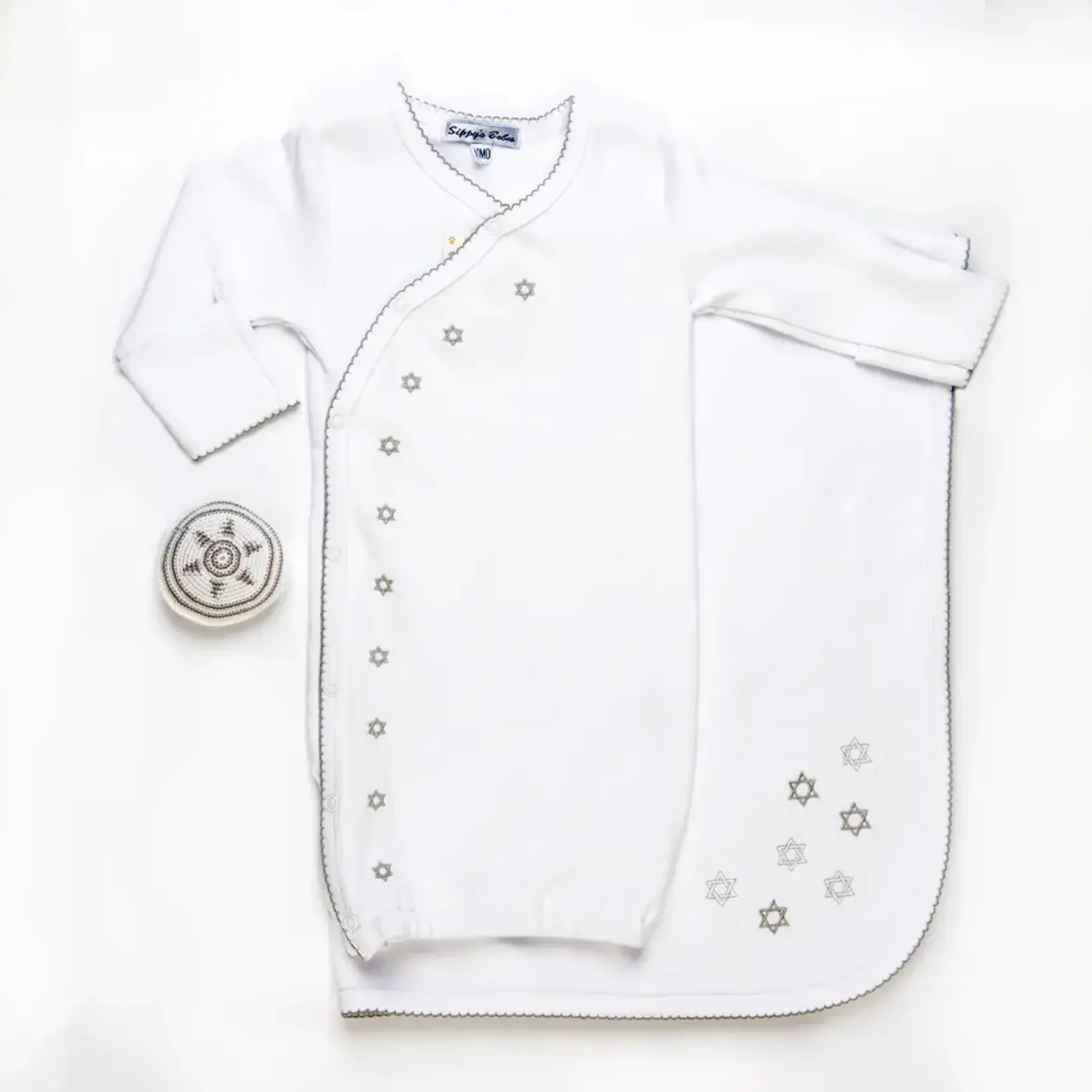 Star of David Bris Set - Newborn Gown, Swaddling Blanket, Kippah - Gray