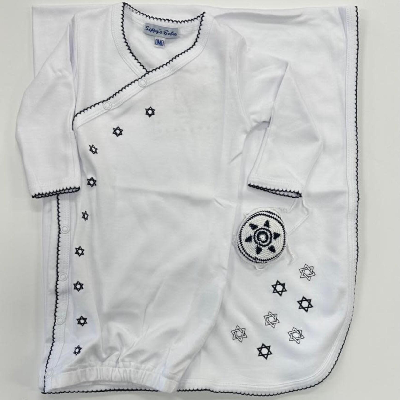 Star of David Bris Set - Newborn Gown, Swaddling Blanket, Kippah - Navy Blue