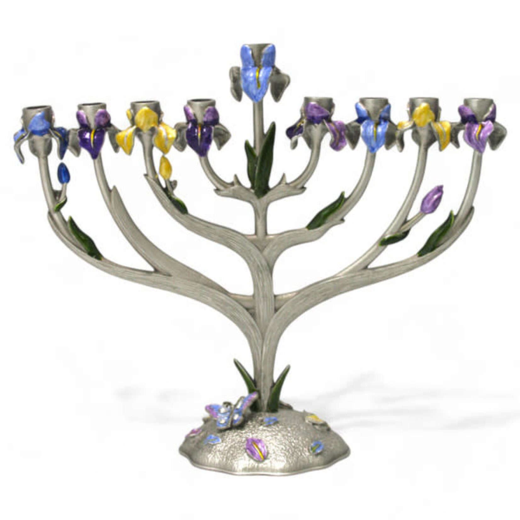 Iris Flower Pewter Plated Jeweled Menorah