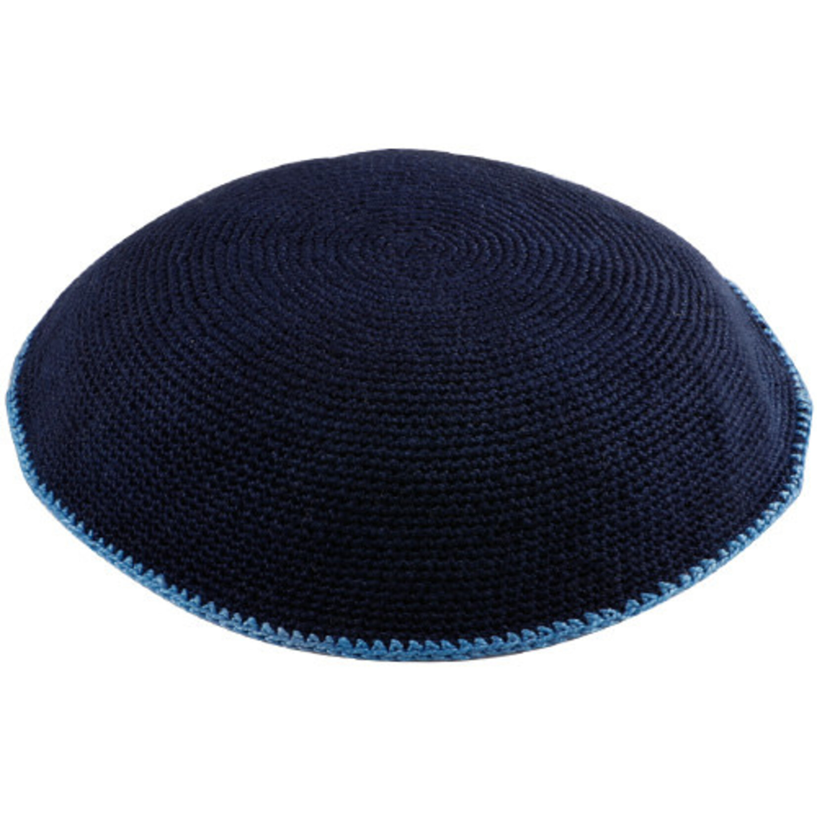 Fine Knit Blue Kippah with Lt. Blue Border - 16cm
