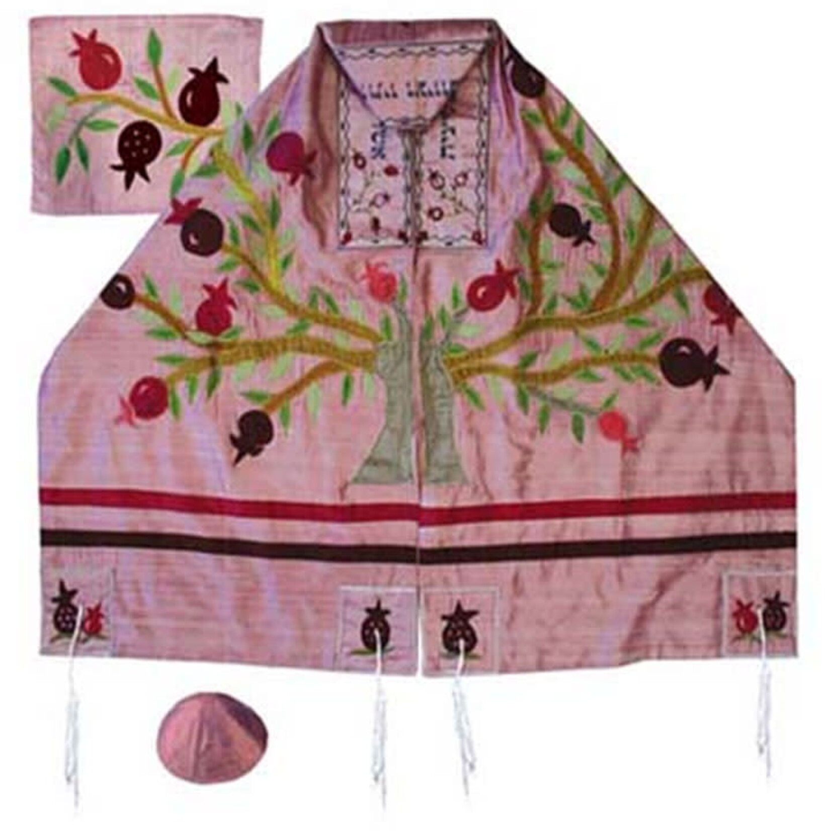 Tree of Life - Pomegranates Pink Raw Silk Applique'd Tallit