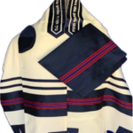 White Wool w/ Blue and Red Stripes Tallit (521)