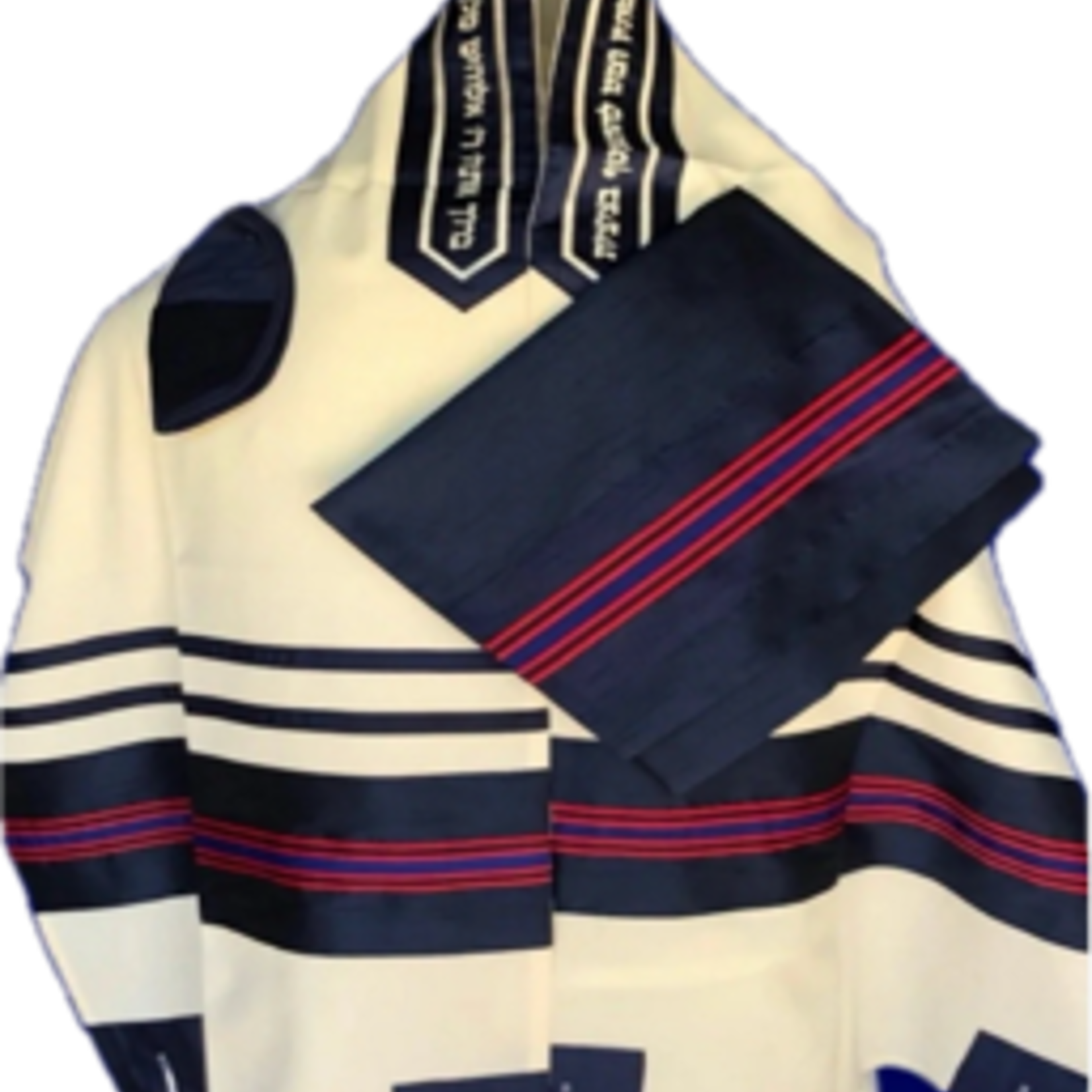 White Wool w/ Blue and Red Stripes Tallit (521)