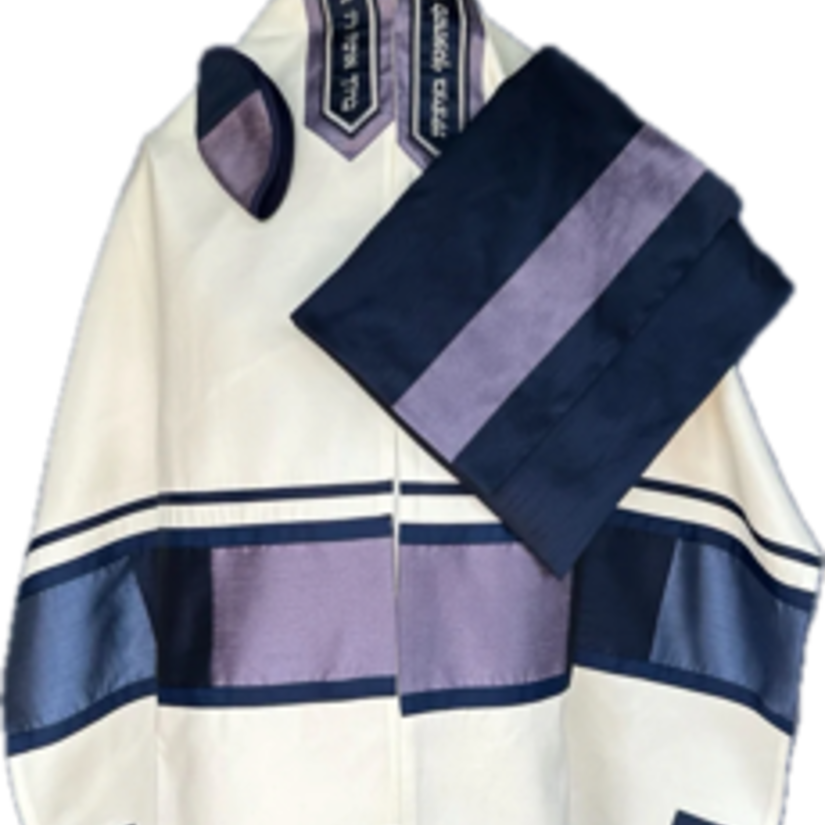 100% Fine White Cotton Tallit w/ Dark Blue, Lanvender and Light Blue Squares (537)