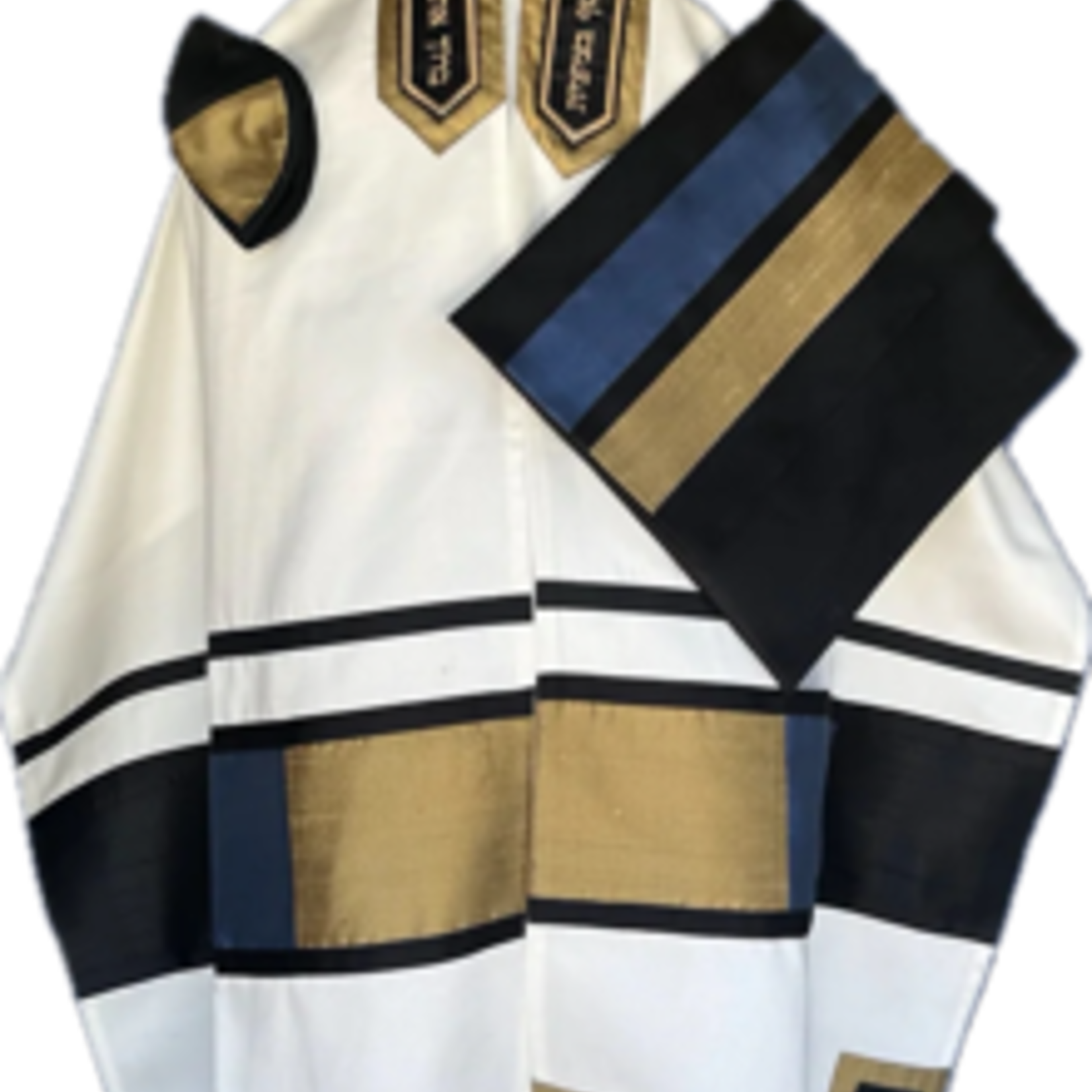 100% Fine White Cotton Tallit w/Blue, Black and Gold Squares (541)