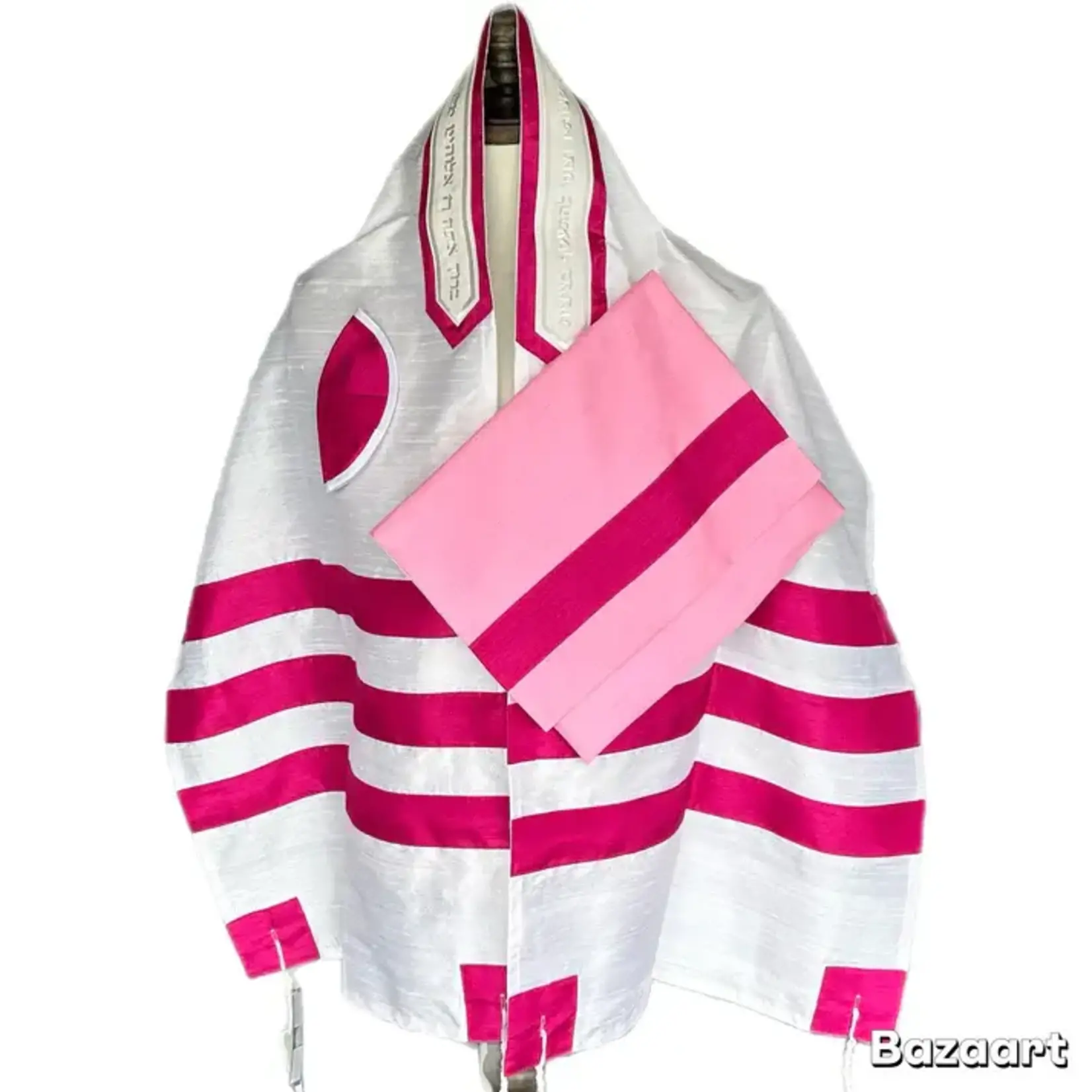 Raw Silk Talit with Hot Pink Stripes (742)