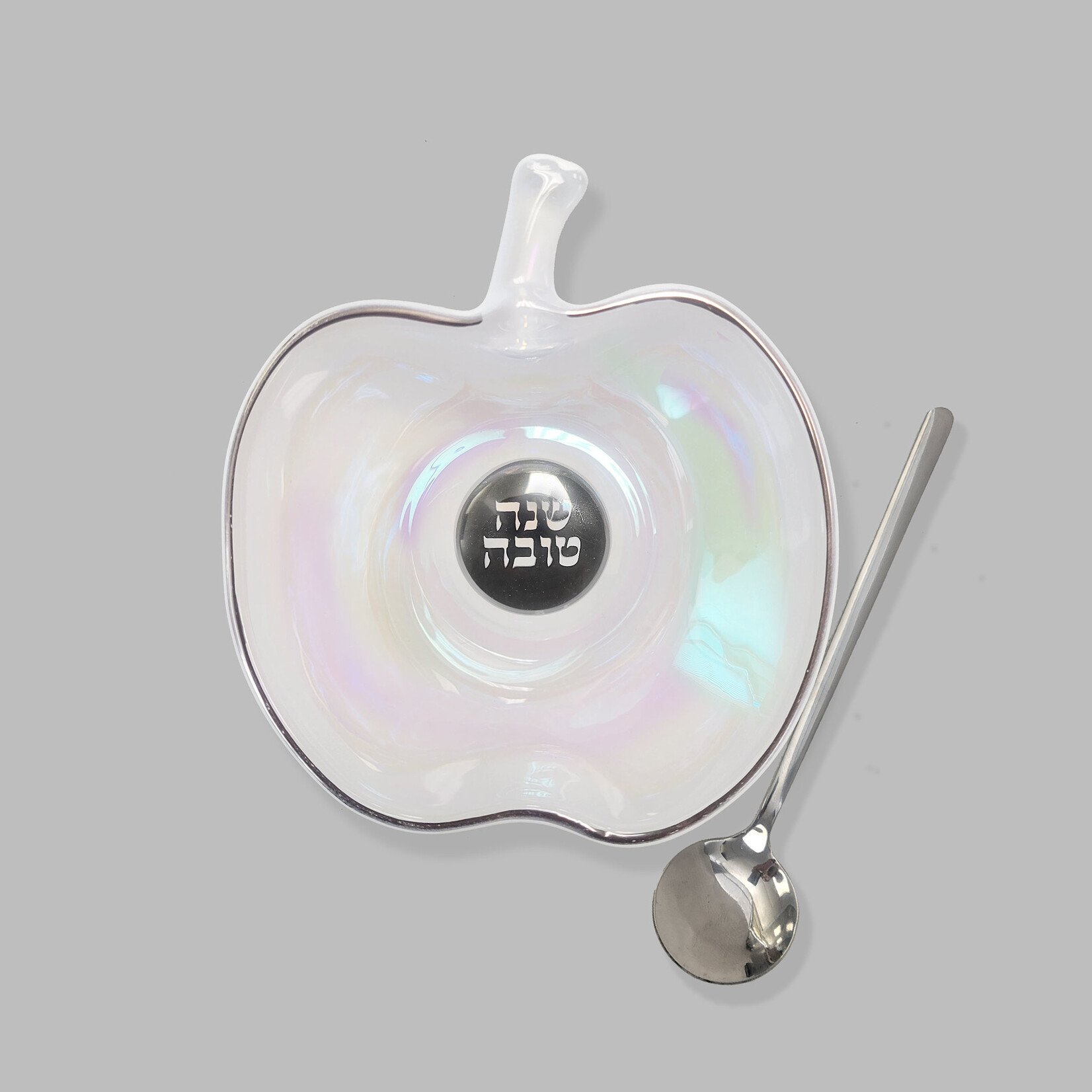 Apple Shaped Glass Honey Dish With Spoon - Silver