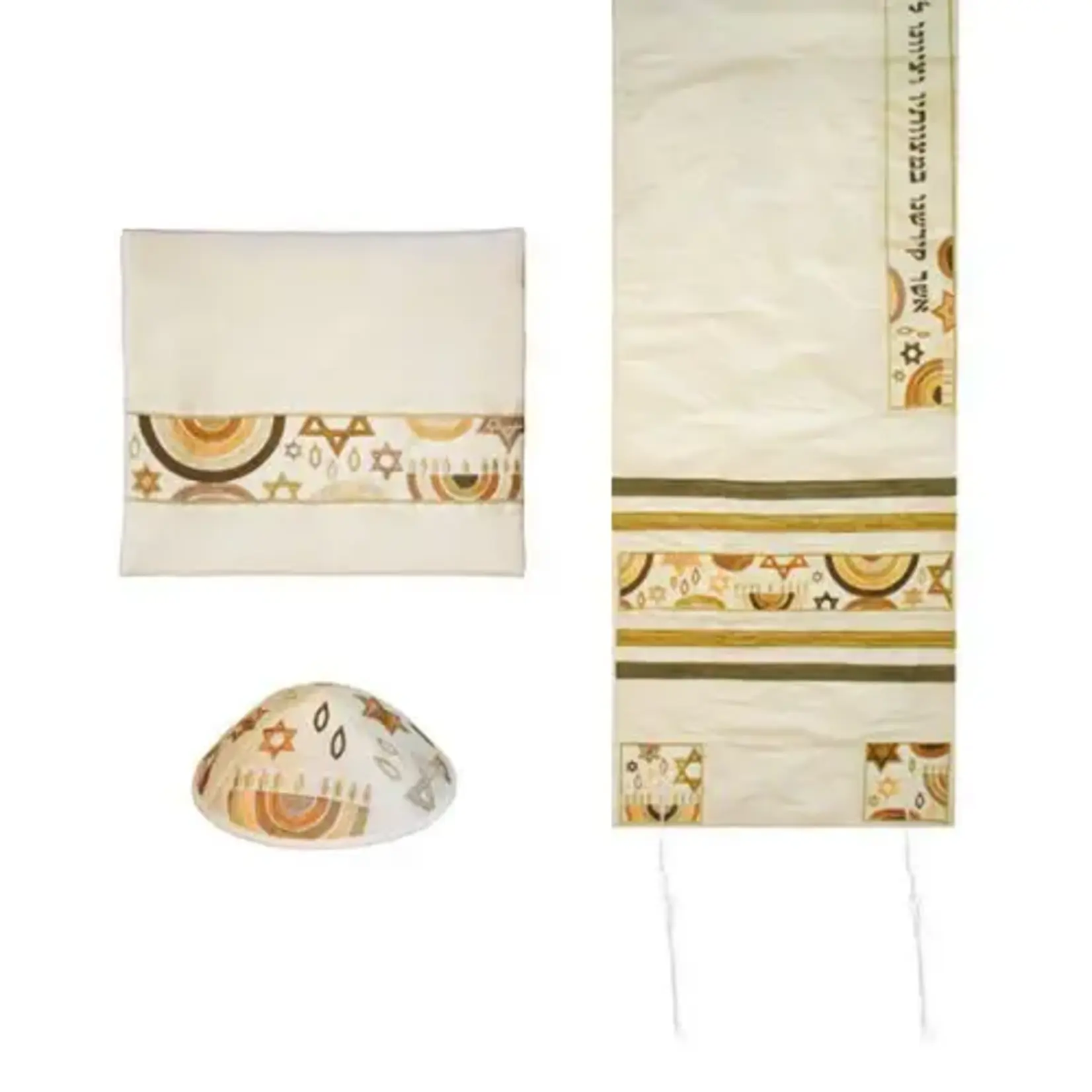 Embroidered Raw Silk Tallit Set-Star Of David-Gold