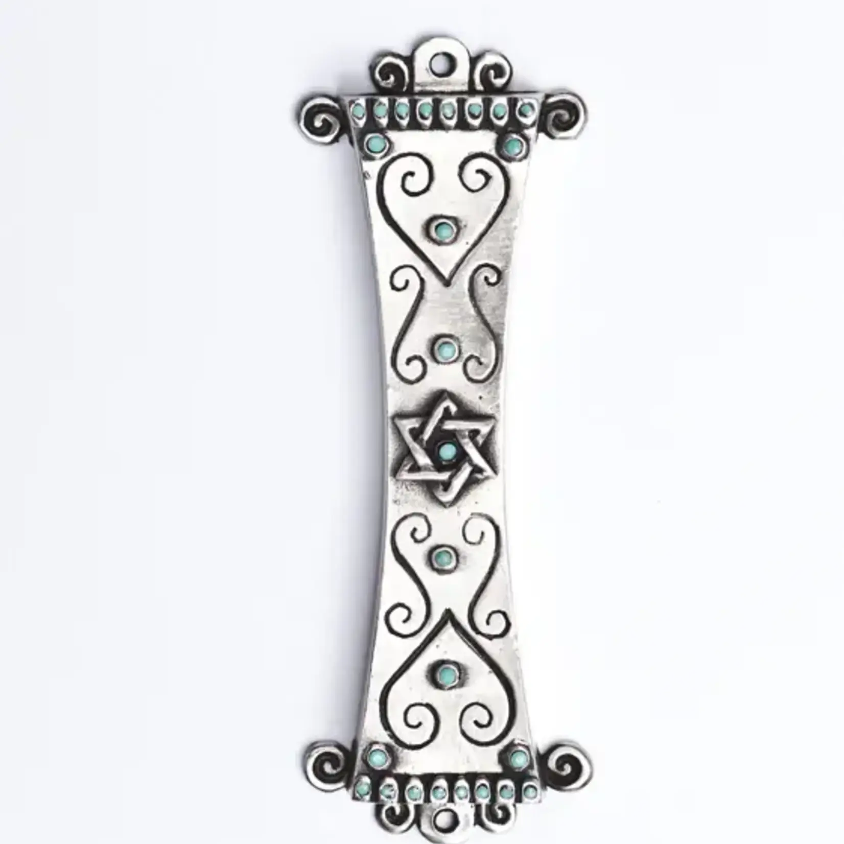 Pewter Mezuzah w/ Swirls and Truquoise Stones