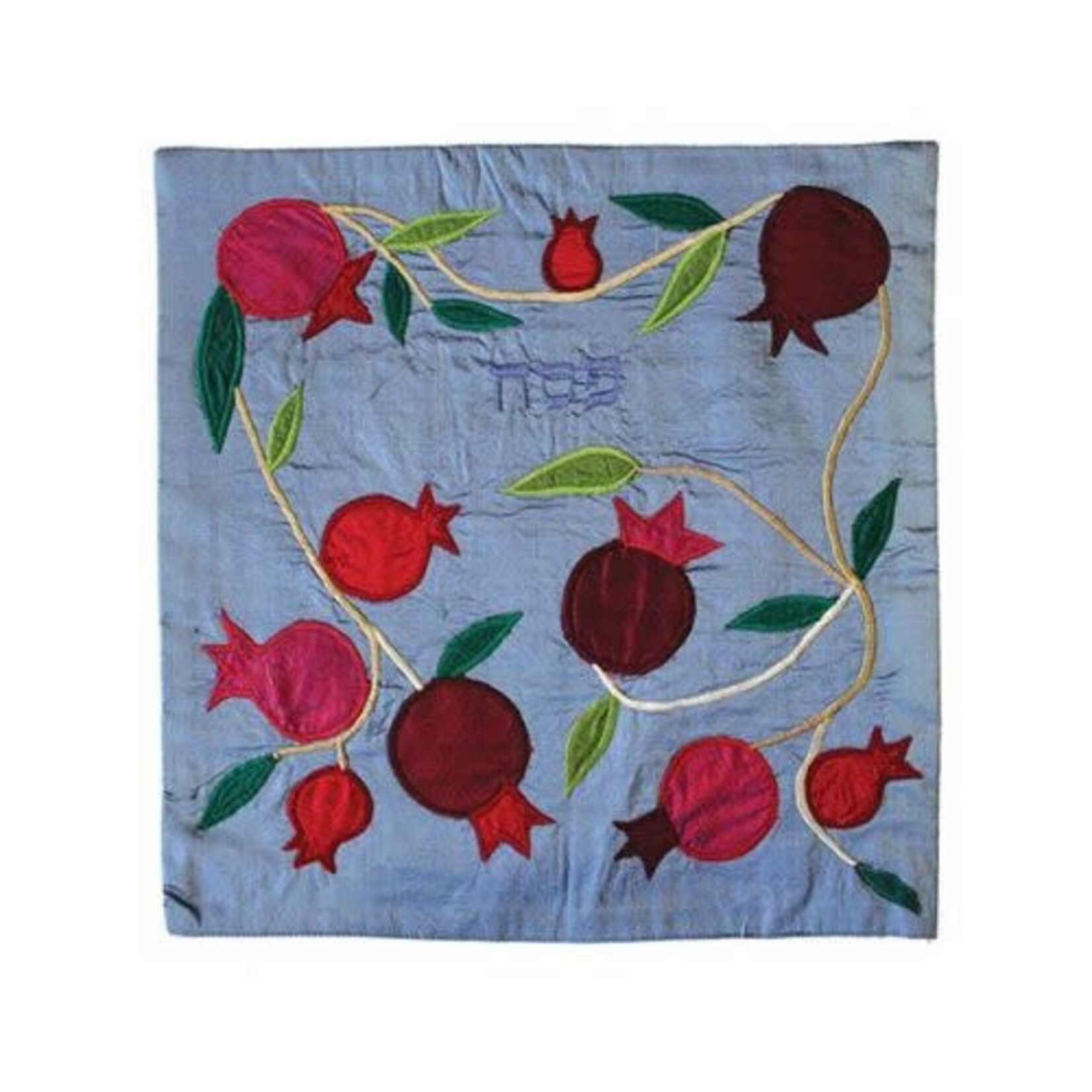 Raw Silk Matzah Cover- Pomegranates Blue