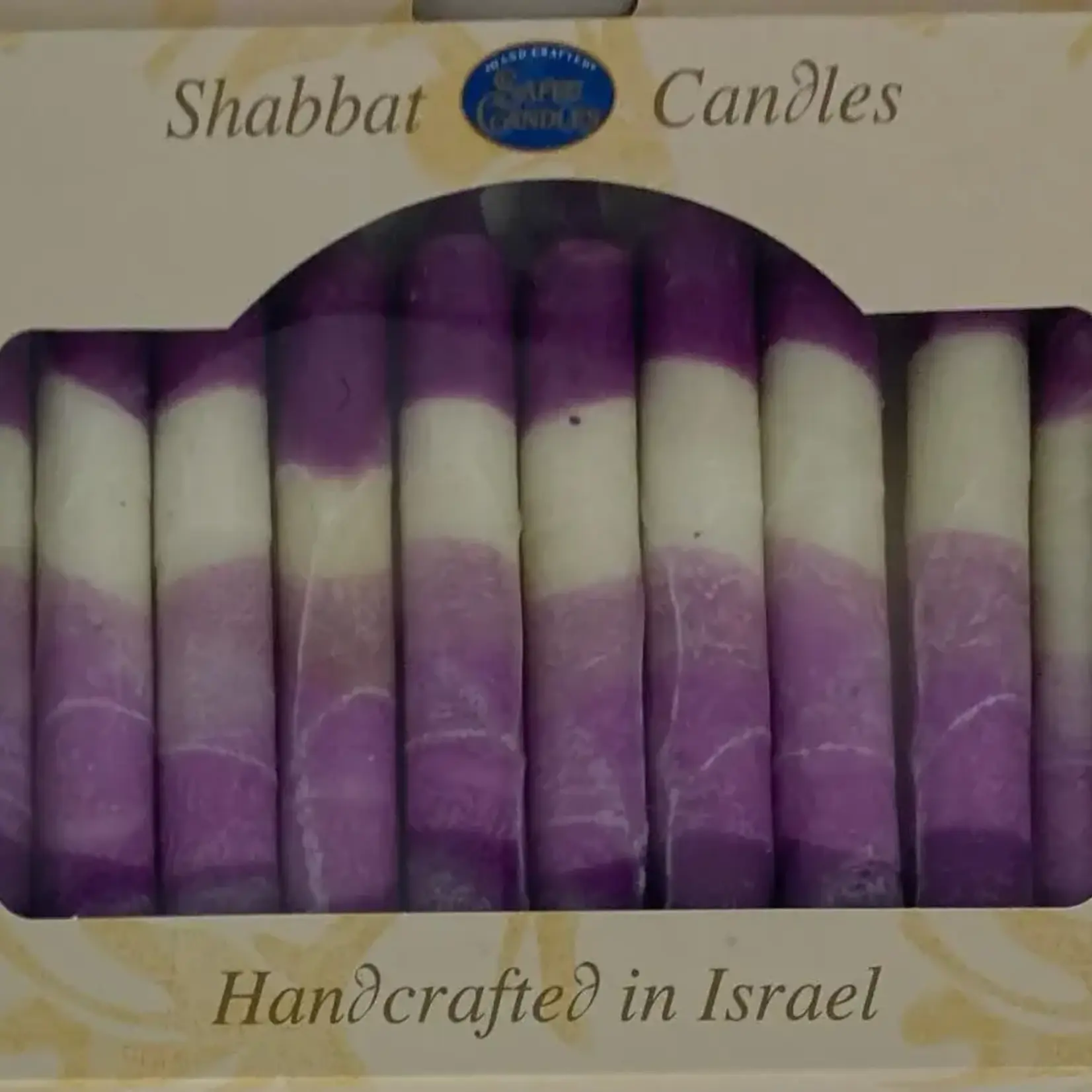12 Tapered Israeli Shabbat Candles- Purple/White-Cream