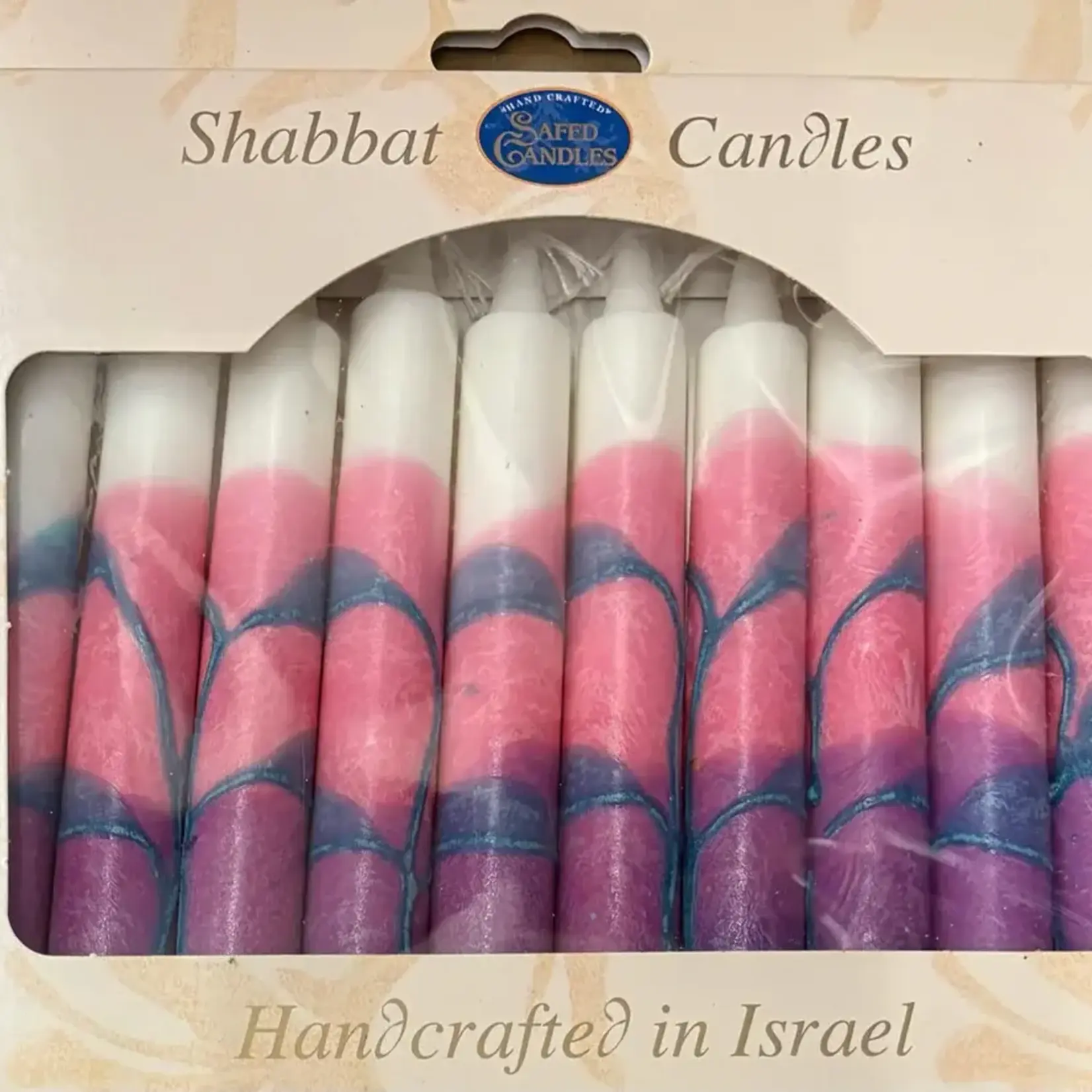 12 Tapered Israeli Shabbat Candles-Pink/Purple/Turquois