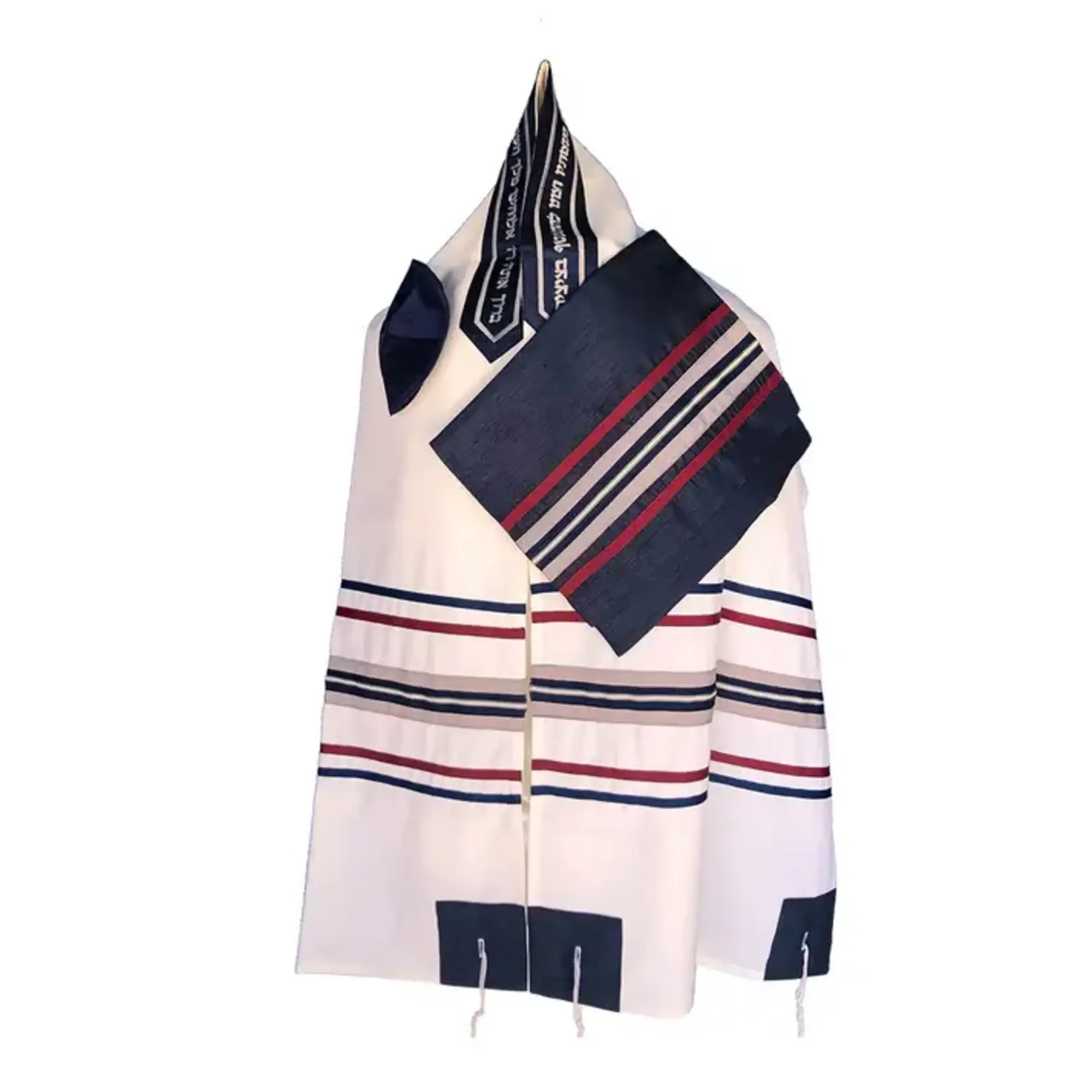 100% Wool w/ Detailed Ribbon in Navy, Red and Gray Tallit