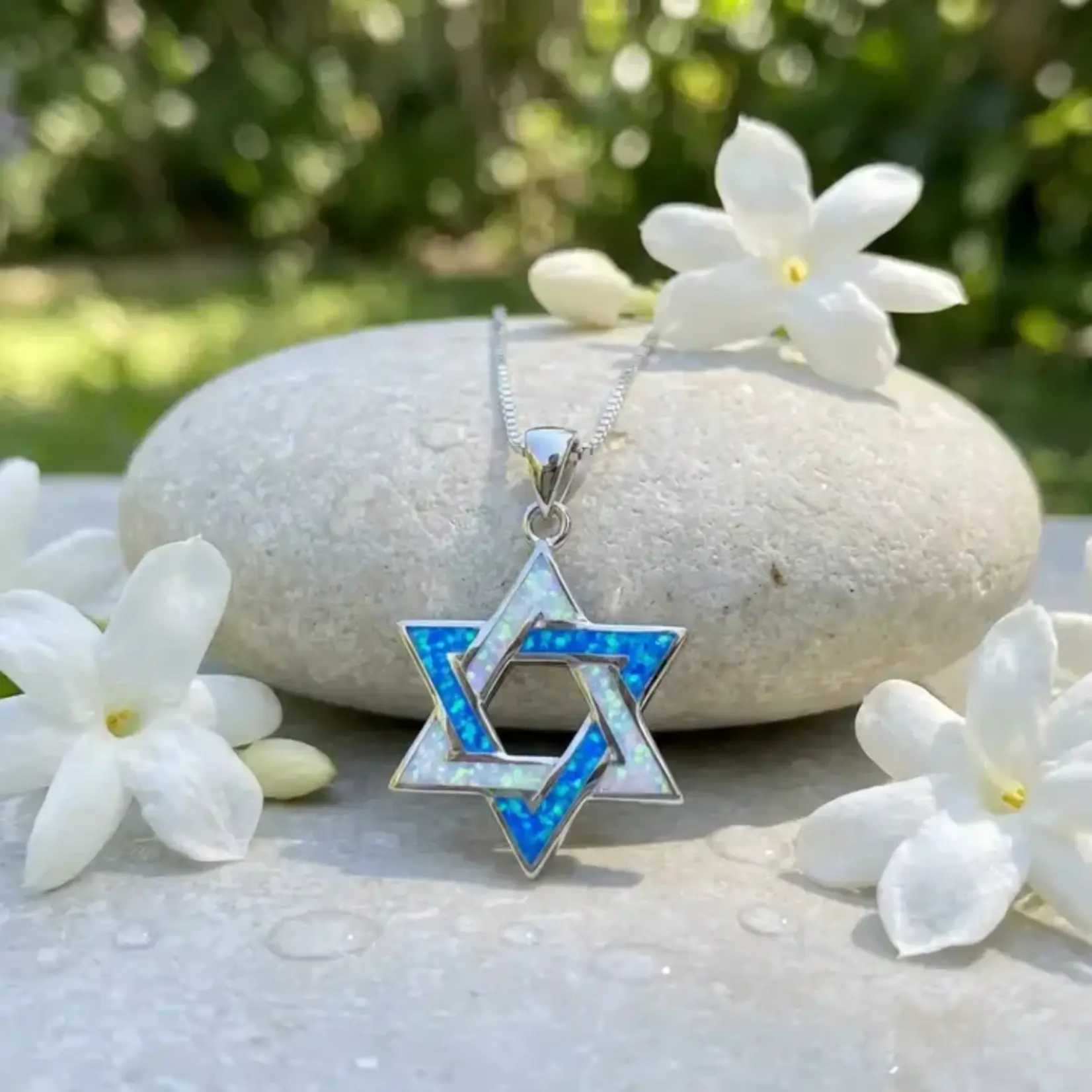 Blue and White Opal Star of  David Necklace - Sterling Silver